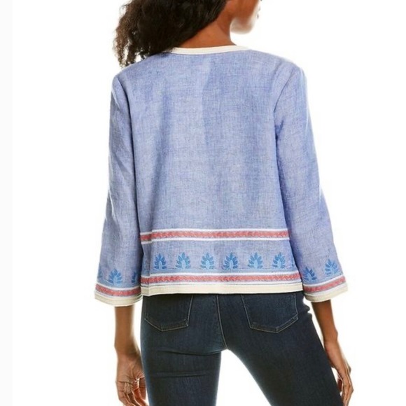 J. McLaughlin Beatrix Blue Chambray Embroidery Linen Blend Open Jacket Women's L - Picture 11 of 11